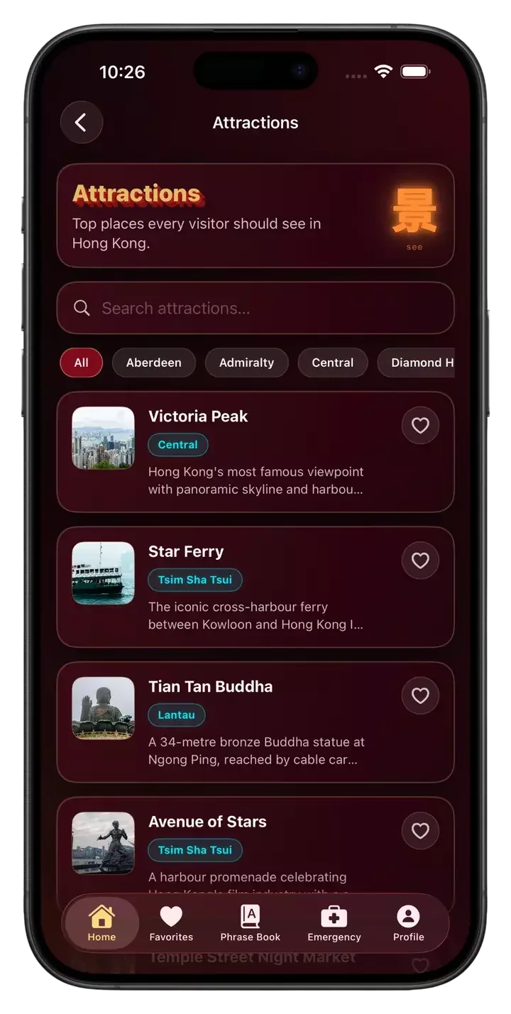 Hong Kong Guide app attractions list with Victoria Peak, Star Ferry and Tian Tan Buddha